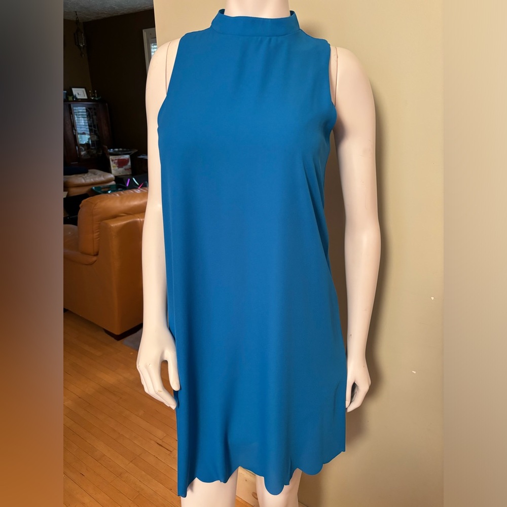 Everly Blue Sheath Mini Dress with High Neck, Scalloped Hem